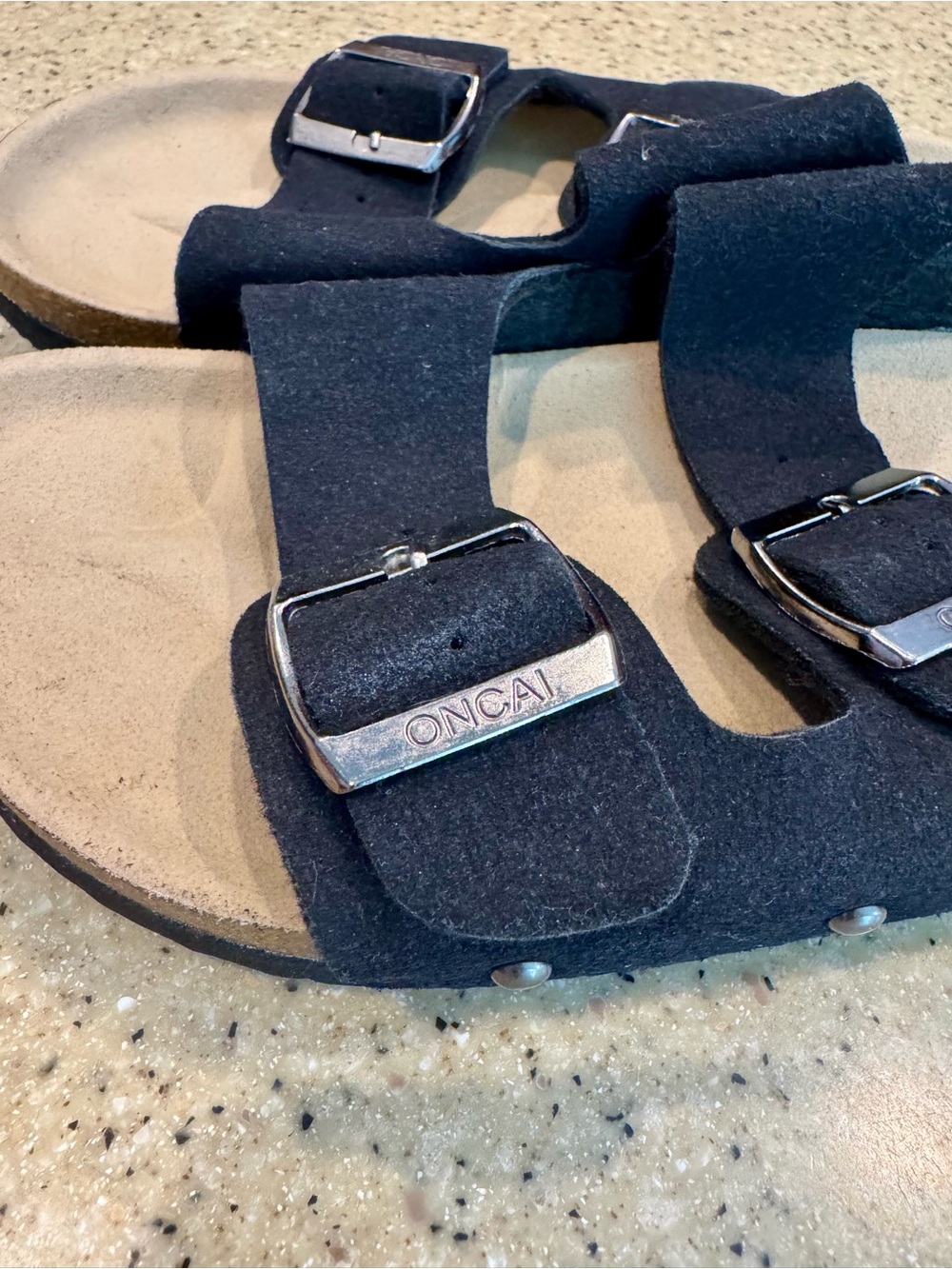 Oncai Black Double-Buckle Suede Slide Sandals - Picture 3 of 7